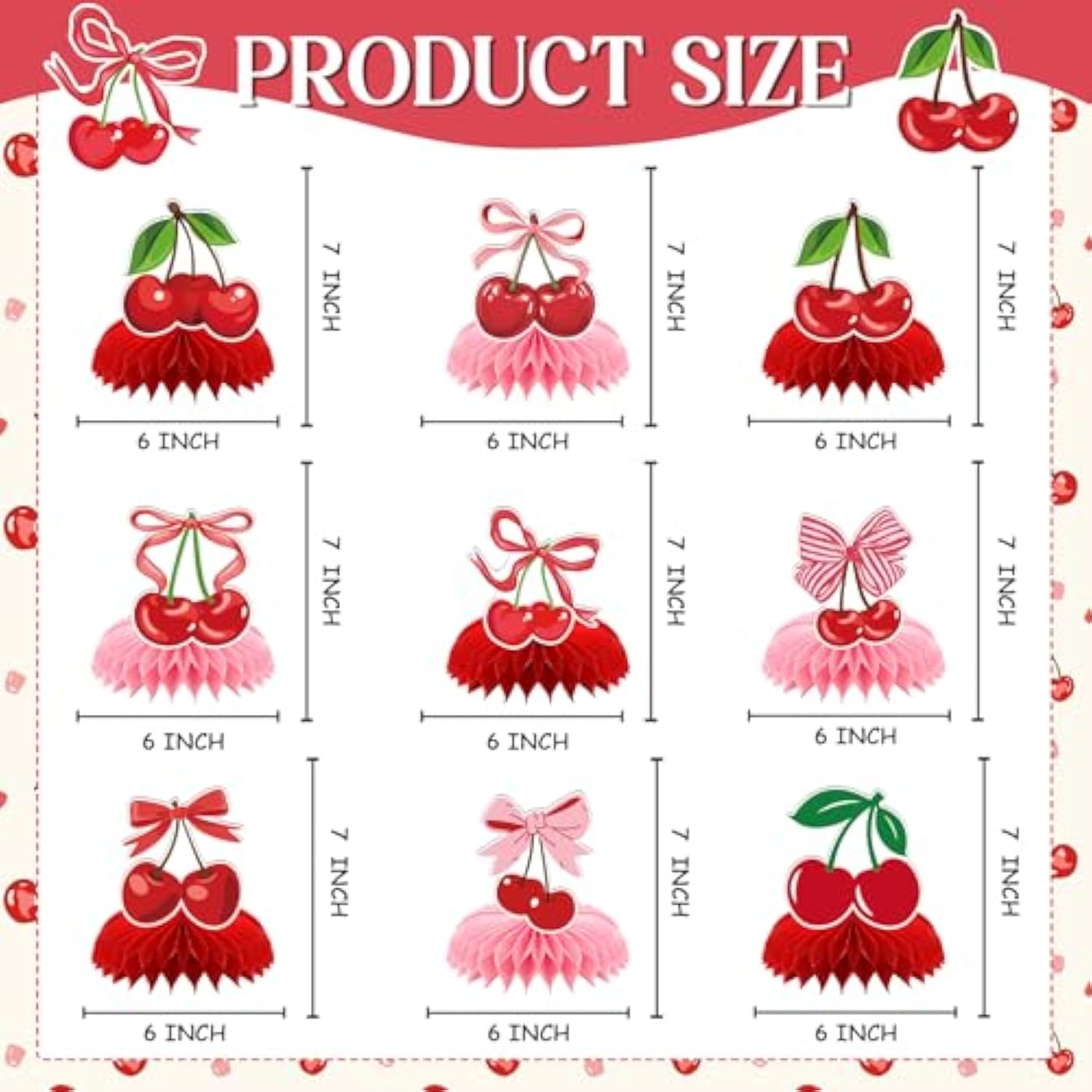 Cherry Birthday Party Decorations - 9 Pcs Pink Bow Honeycomb Centerpieces For Girls Women Sweet Cherries Table Ornaments Sets Happy Paper Fruit Theme Supplies Red Coquette Display Decors