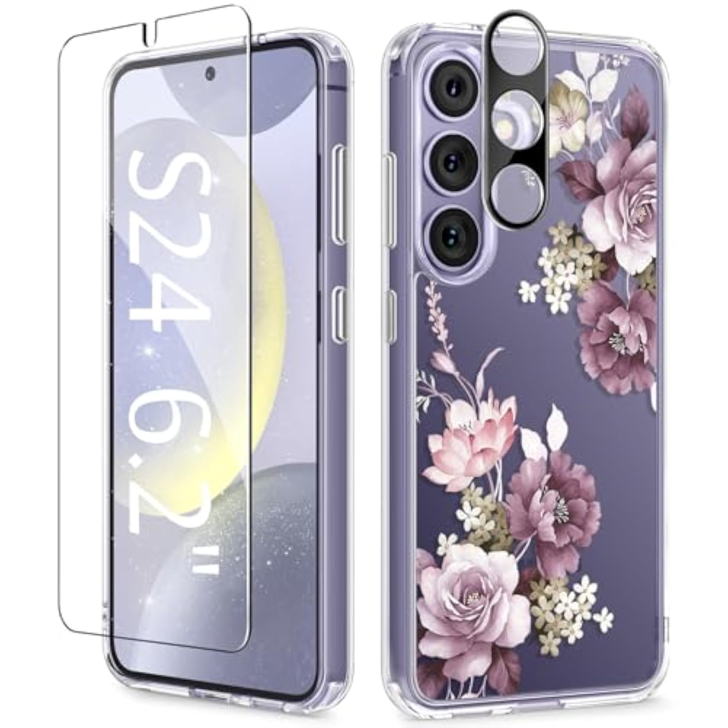 Compatible With Samsung Galaxy S24 Ultra Case Floral, With Screen & Camera Lens Protector,Hard Pc&Tpu Bumper Clear Shockproof Protective For S24 Ultra Phone Women 6.8"(Cherry Blossoms/Purple)