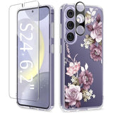 Compatible With Samsung Galaxy S24 Ultra Case Floral, With Screen & Camera Lens Protector,Hard Pc&Tpu Bumper Clear Shockproof Protective For S24 Ultra Phone Women 6.8"(Cherry Blossoms/Purple)