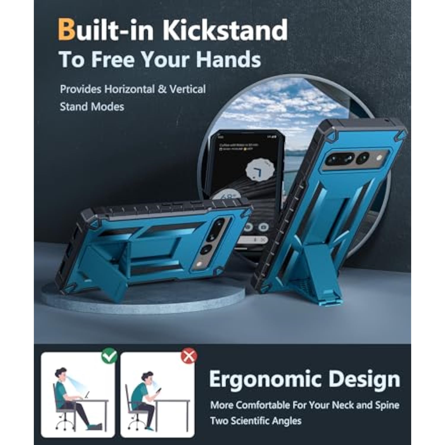 For Google Pixel 7-Pro Phone Case: Shockproof Protective With Built-In Screen Protector & Kickstand - Heavy Duty Dual Layer Rugged Military Grade Drop Proof Cell Phone Cover (Blue Black)