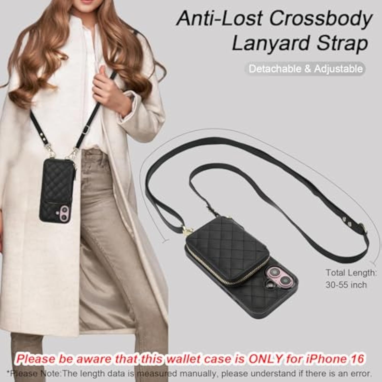 Crossbody Wallet Case For Iphone 16, Rfid Blocking Pu Leather Zipper Handbag Purse Flip Cover, Kickstand Folio Case With Card Slots Holder Wrist Strap Lanyard 5G 6.1 Inch (Black)