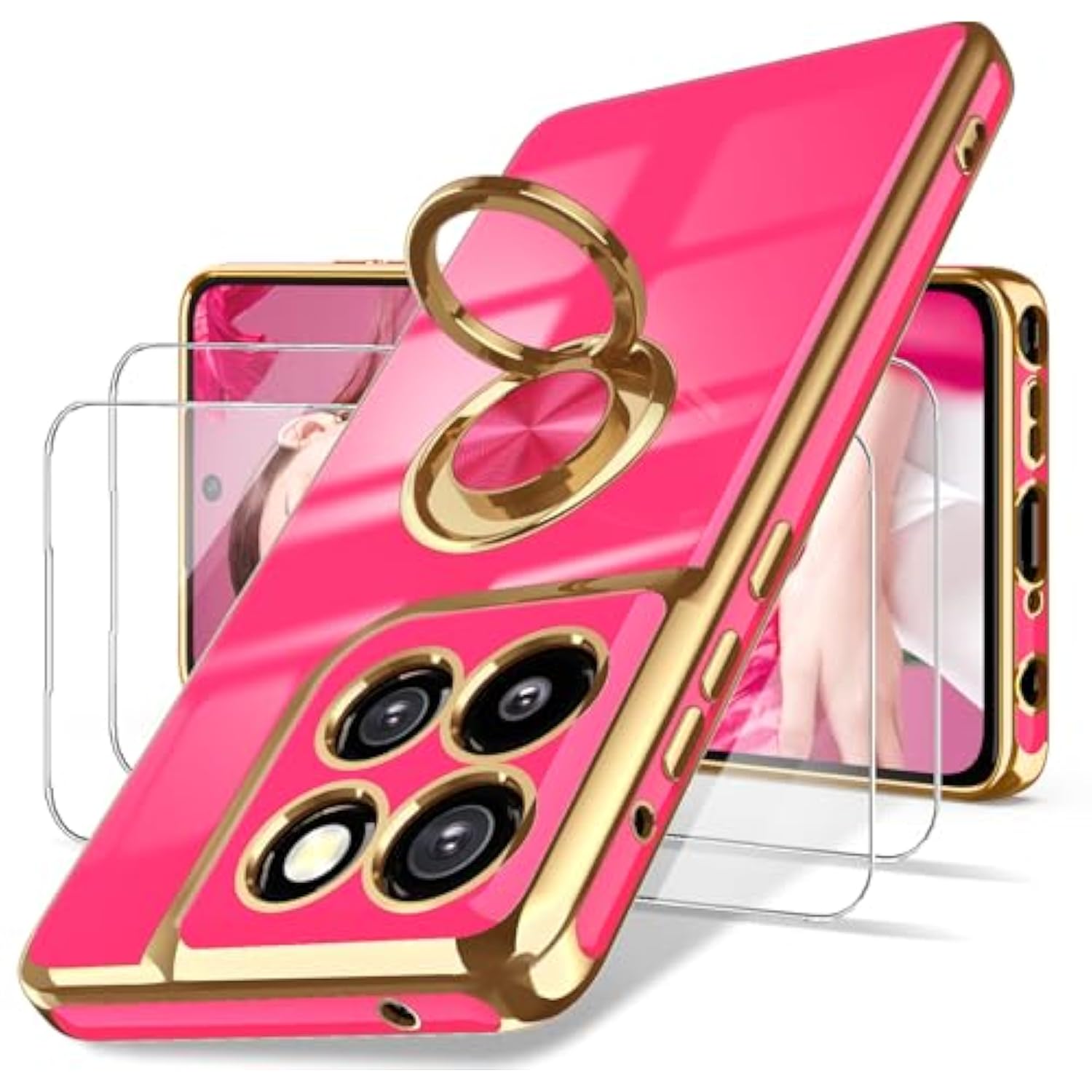 For Moto G Stylus 5G 2025 Case, 2X Screen Protector, 360° Rotatable Ring Holder Magnetic Kickstand,Plated Gold Edge Slim Soft Tpu Protective Cover For Motorola G Stylus 5G 2025 (Hot Pink)