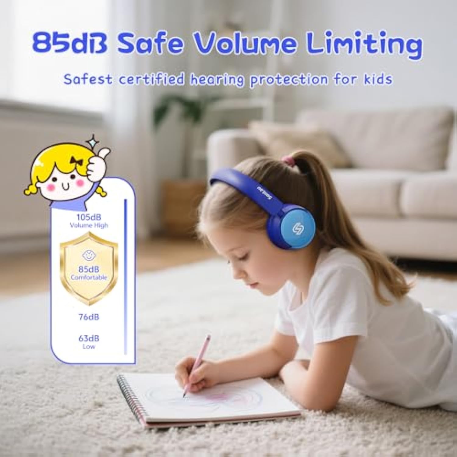 S62 Kids Bluetooth Headphones, Wireless Headphones For Kids Over Ear With Microphone, 85/94Db Volume Limiter Headphones For Girls Boys, Foldable Headphones For Learning & Entertainment-Blue
