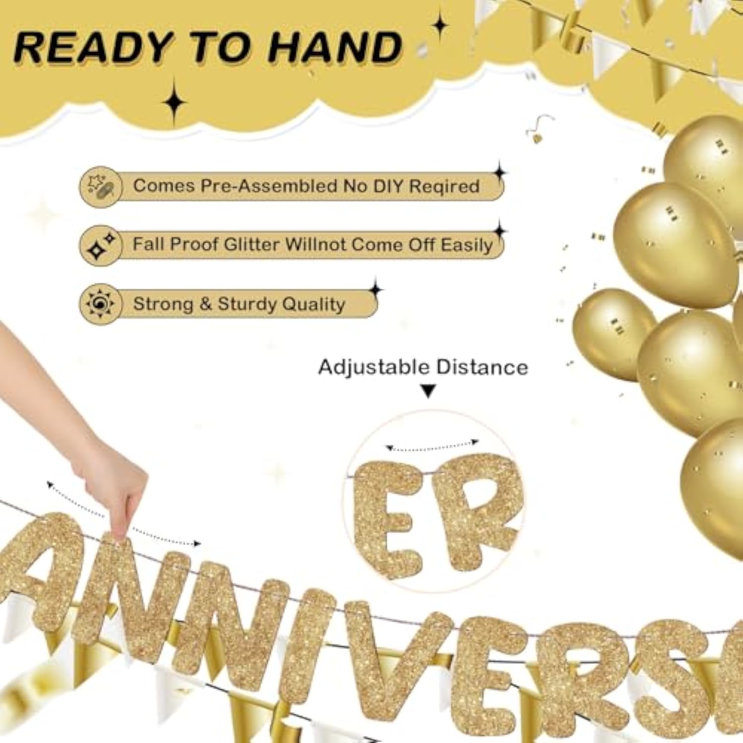 Happy Anniversary Banner Glitter Happy Anniversary Decorations Wedding Party Banner Romantic Decorations No Diy Pre-Strung For Wedding Party Birthday Door(Champagne Gold)