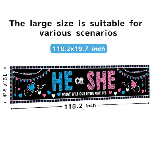 Baby Gender Reveal Decorations Banner (118.2X19.7 Inch) , He Or She Gender Reveal Party Supplies