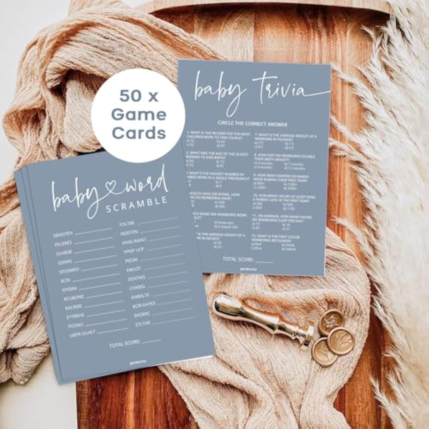 Baby Shower Games Boy - Baby Trivia And Word Scramble Game, 50 Double-Sided Cards (Blue)