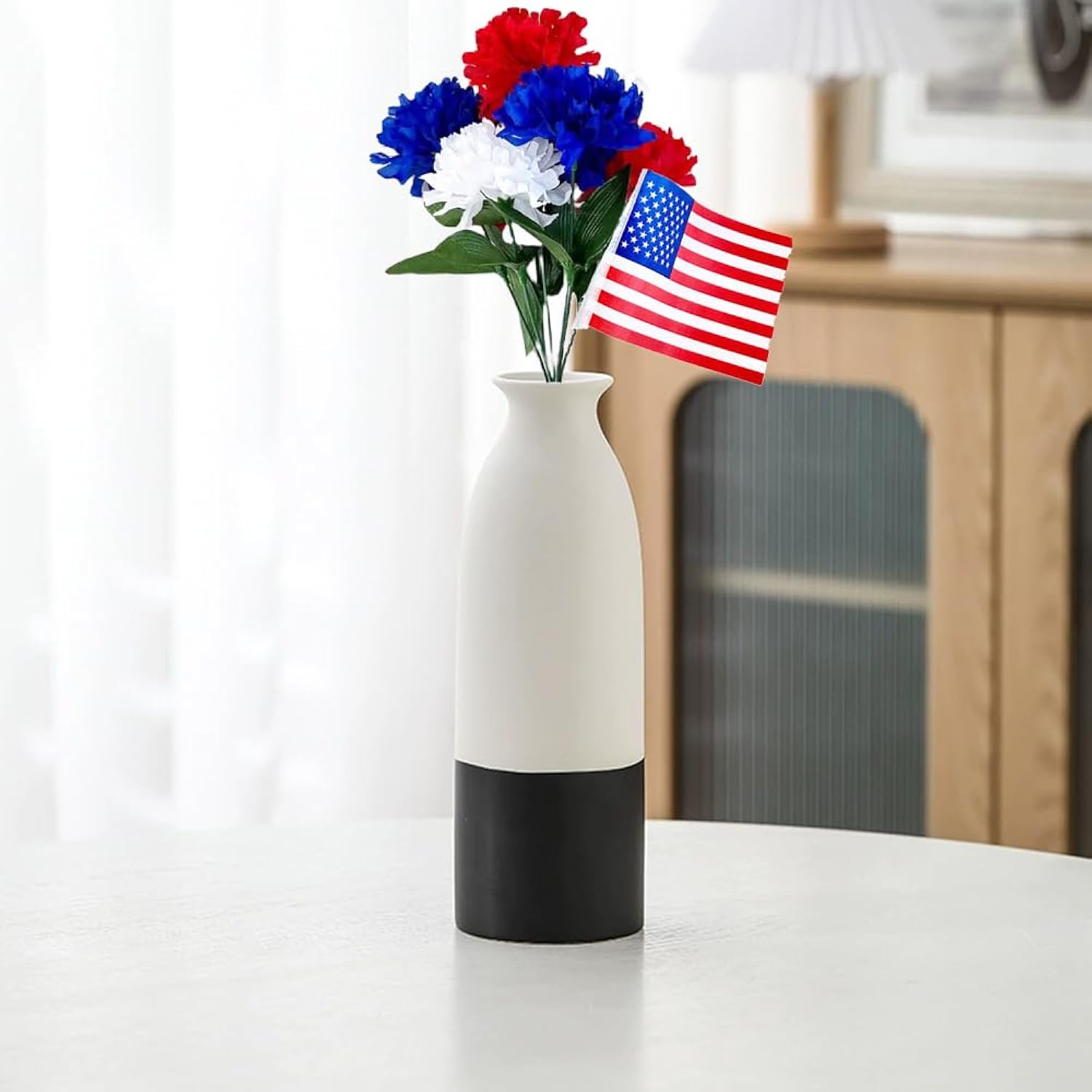 Artificial Memorial Flowers Patriotic Bouquet Red White And Blue Lilac With American Flag For 4Th Of July Independence Day Memorial Day Party Supplies Home Table Decor