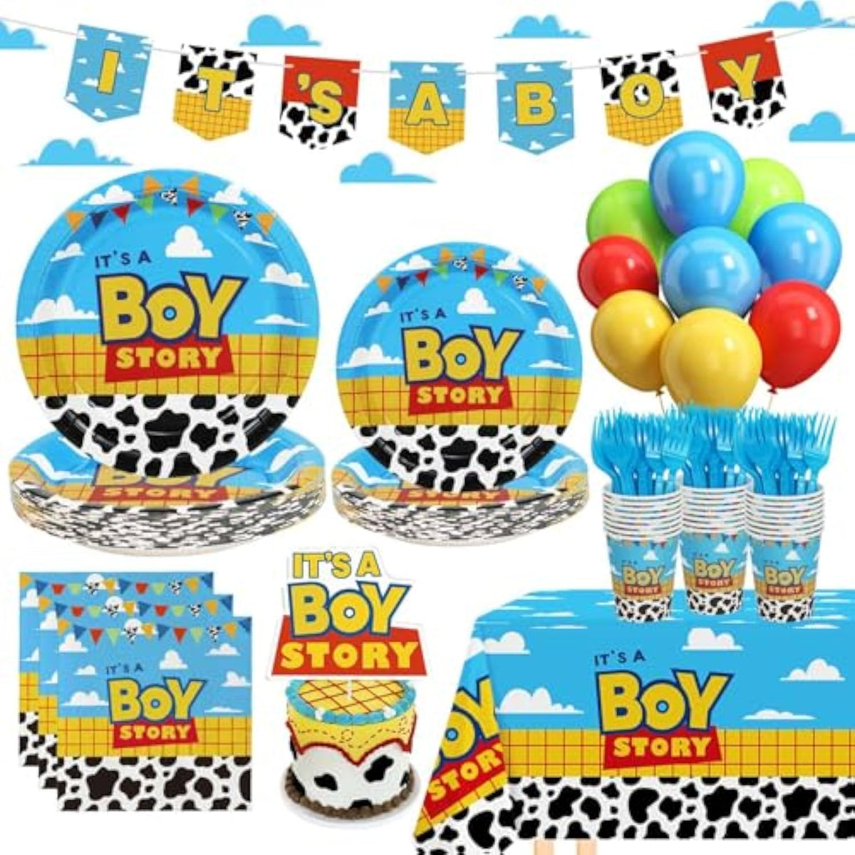 Boy Story Baby Shower Decorations, 25 Guests Includes Cardstock Plates Tableware | Tablecloth | Banner | Balloons | Cake Topper For It’S A Boy Story Baby Shower Themed Party Decorations