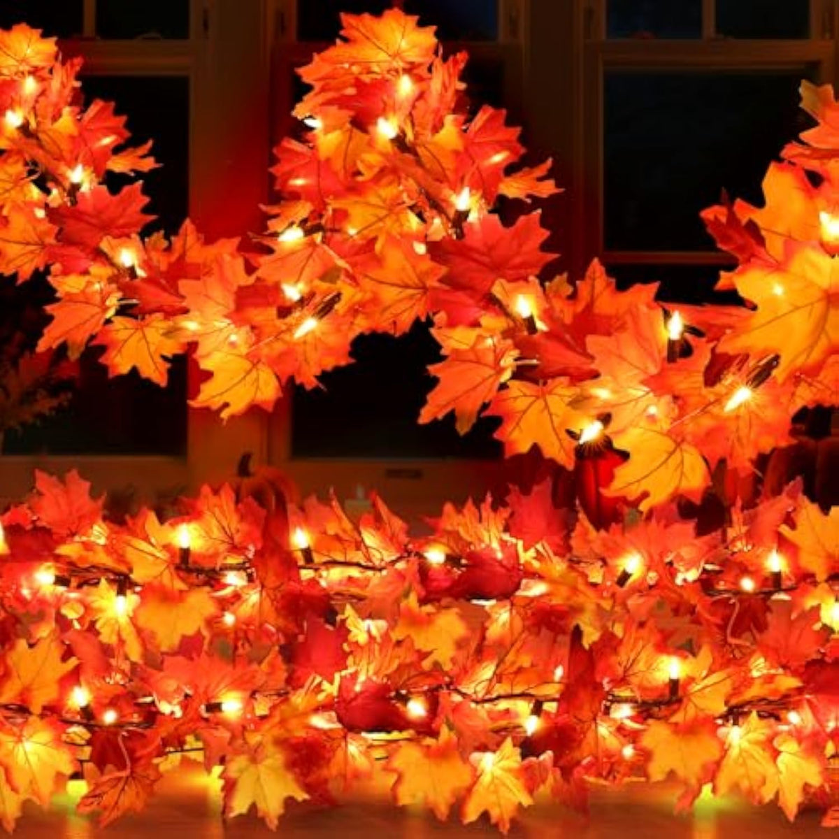Fall Decorations Lighted Fall Garland, 9Ft 50 Count Incandescent Lights Brown Wire Ul Certified Connectable Maple Leaves String Lights For Home Party Fireplace Mantle Thanksgiving Decor (Red, 1Pcs)
