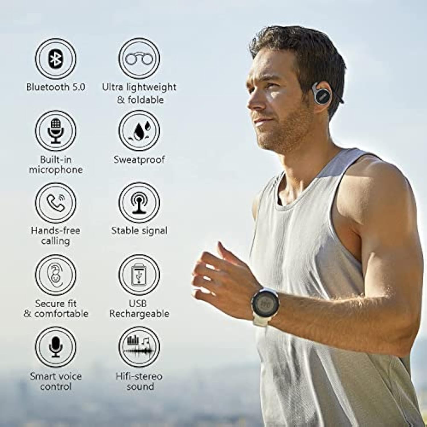 Behind The Head Headphones, Bluetooth 5.0 Neckband Around Head Headphones Lightweight Small Foldable Wireless Sports Sweatproof Headset With Microphone & Carrying Case (Black)