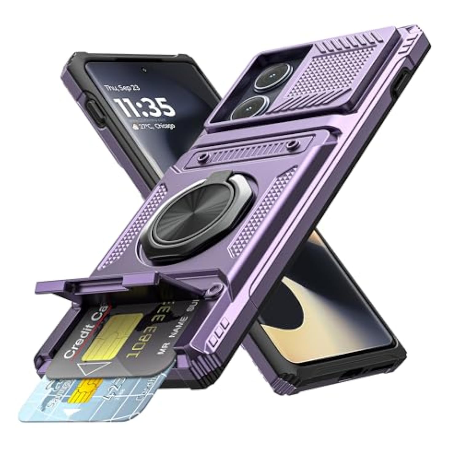 For Motorola Moto Edge 5G 2024 Case With Card Holder [Store 2 Cards] + 360° Rotated Ring Holder Kickstand Heavy Duty Shockproof Wallet Phone Case Cover For Motorola Edge 2024, Purple