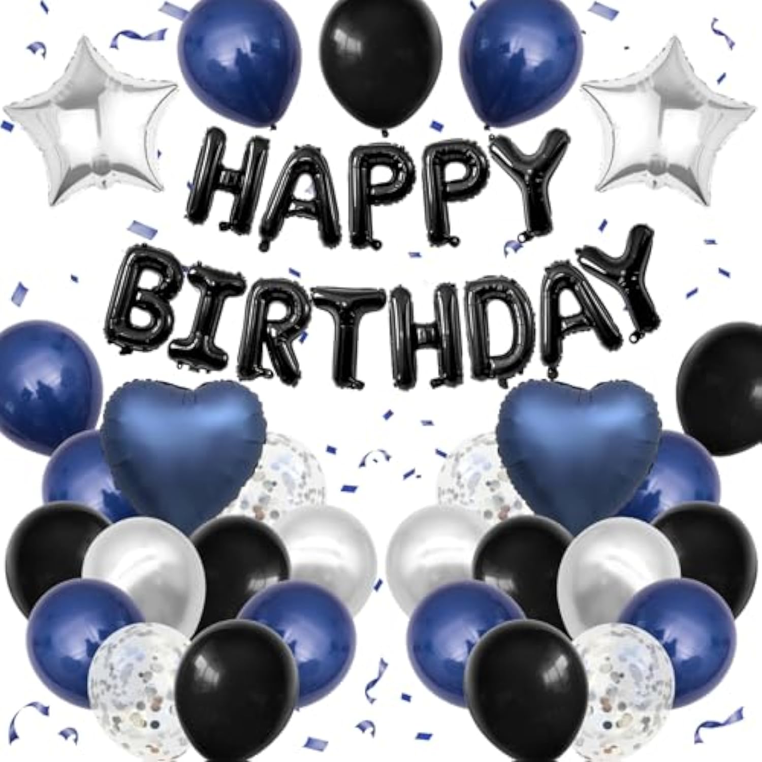 Navy Blue And Black Birthday Decorations For Men,Blue Black White Balloons Happy Birthdays Balloon Banner Silver Confetti Balloons For Men Boy Girls Women Adults Birthday Party Decorations