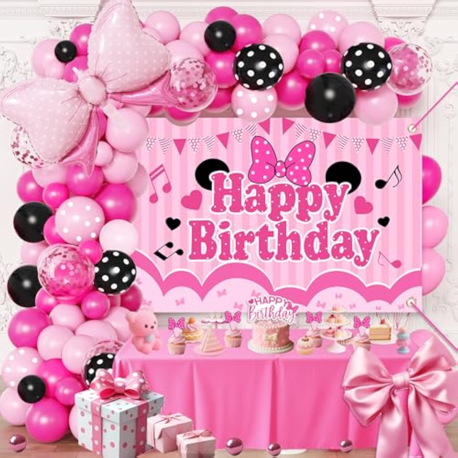 Pink Birthday Party Supplies, Pink & Black Balloon Arch Garland Kit Backdrop
