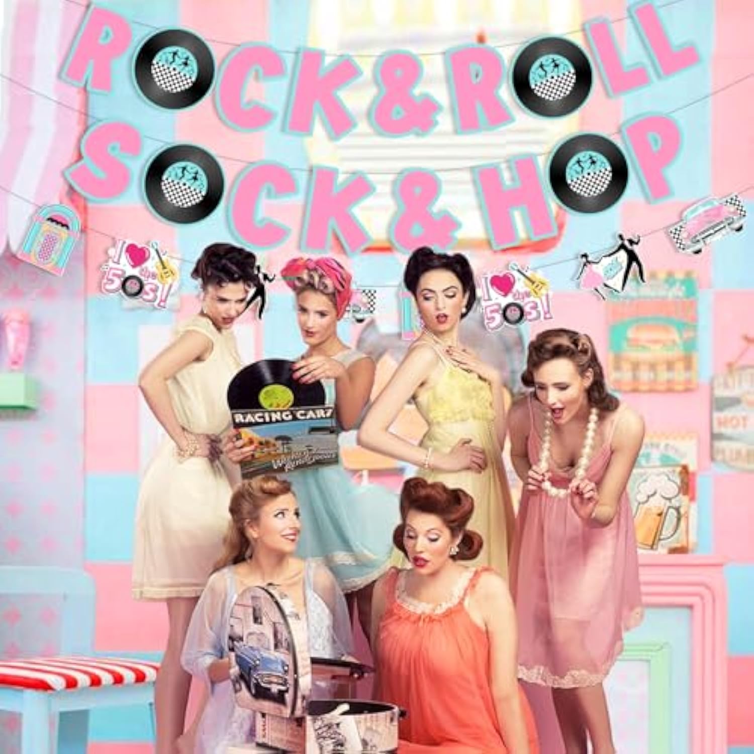 Sock Hop Rock And Roll Banner Garland, 50S Party Decorations, 1950S Theme I Love The 50S Music Themed Birthday Party Supplies Hanging Decors