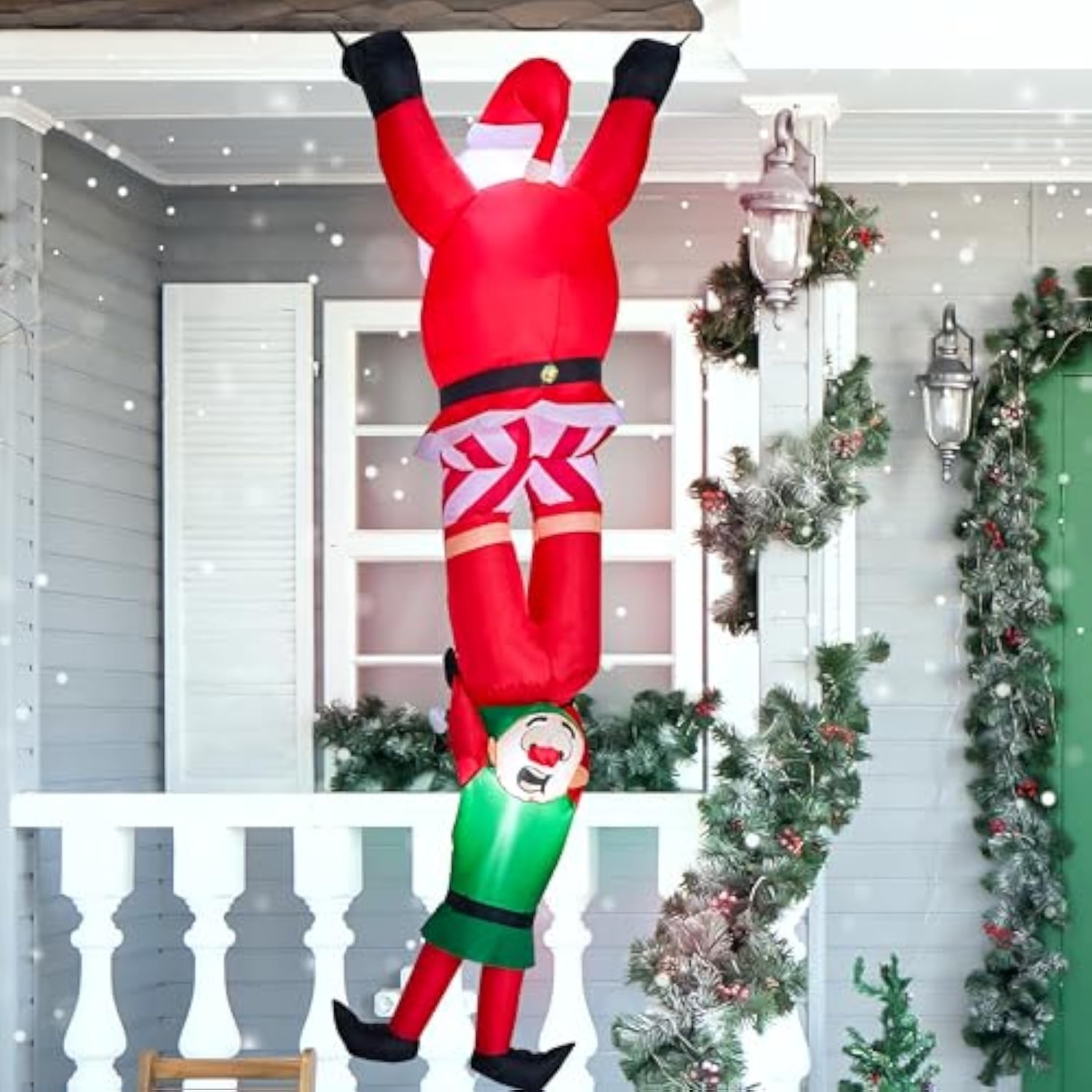 8 Ft Hanging Christmas Inflatables Decoration, Christmas Inflatable Climbing Santa With Falling Elf, Blow Up Santa With