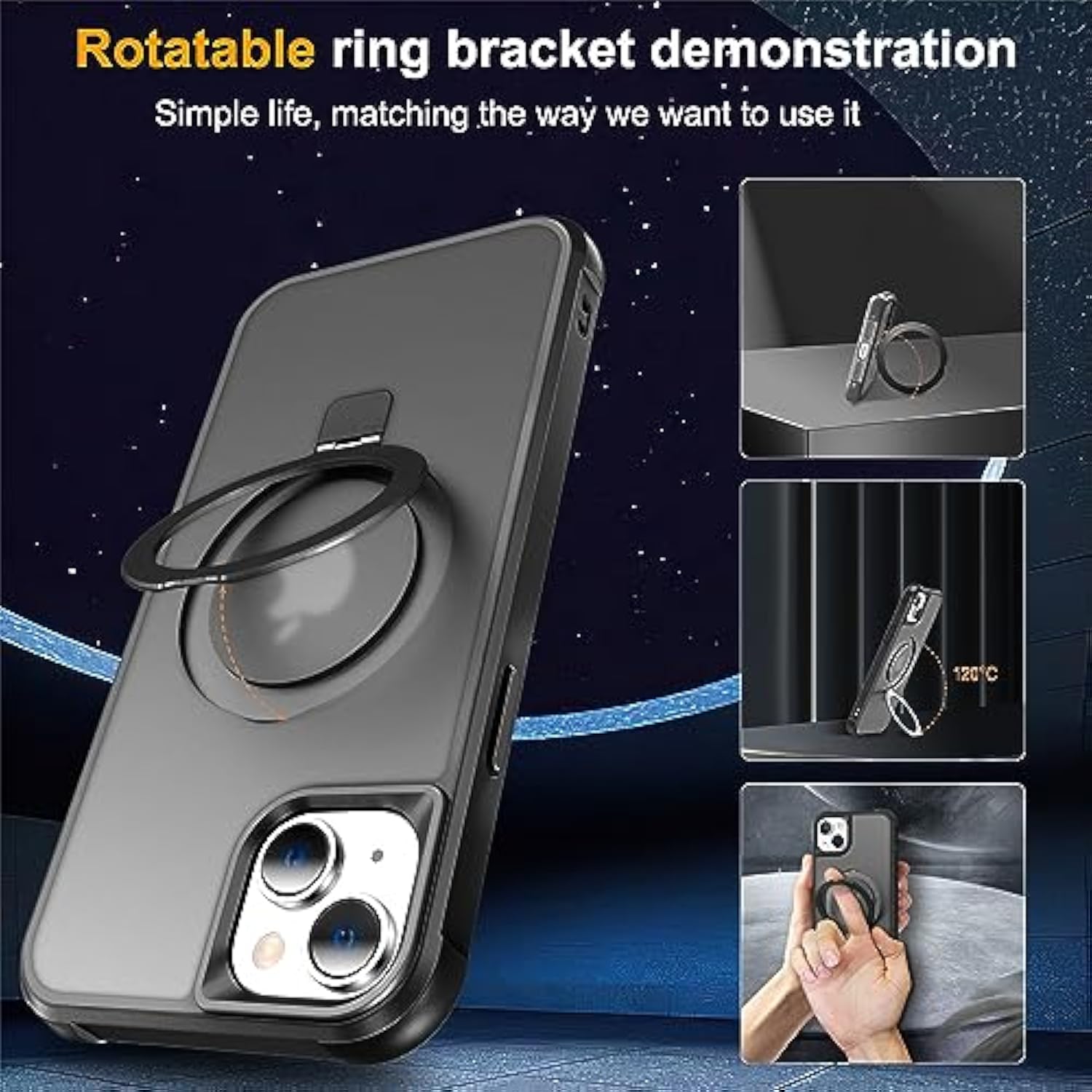 Compatible With Iphone 15 Plus Case With Invisible Magnetic O-Ring Stand Military-Grade Translucent Case For Iphone 15 Plus 6.7" [Compatible With Mag-Safe][Great Grip Feeling], Black