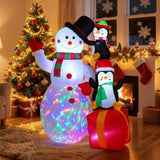 Christmas Inflatables Snowman With Penguins, Xmas Blow Up Magic Hat Snow Man With Rotating Led Lights, Outdoor Decoratio