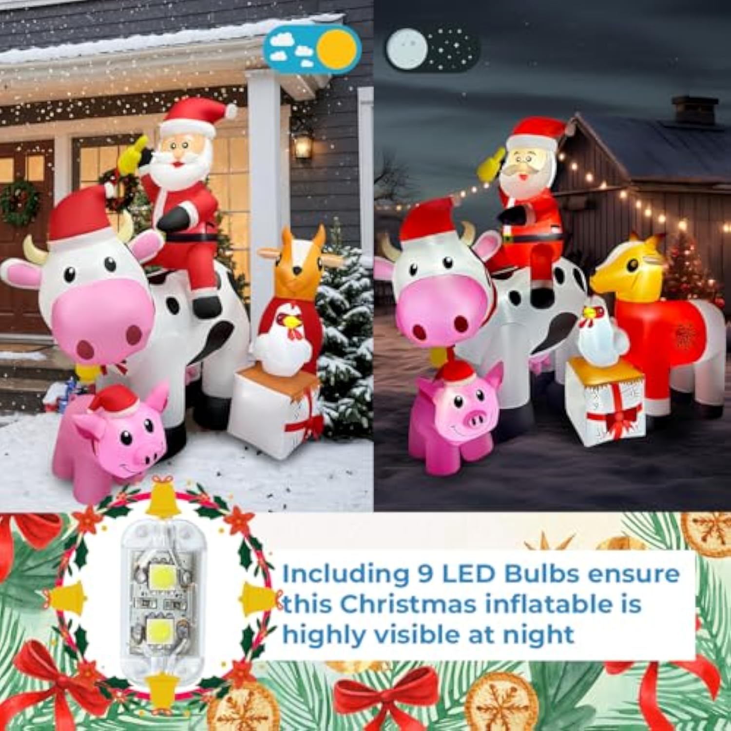 6Ft Christmas Inflatables Santa Farm Scene With Blow Up Cow, Pig, Chicken & Gifts, Led Lighted Christmas Decorations For