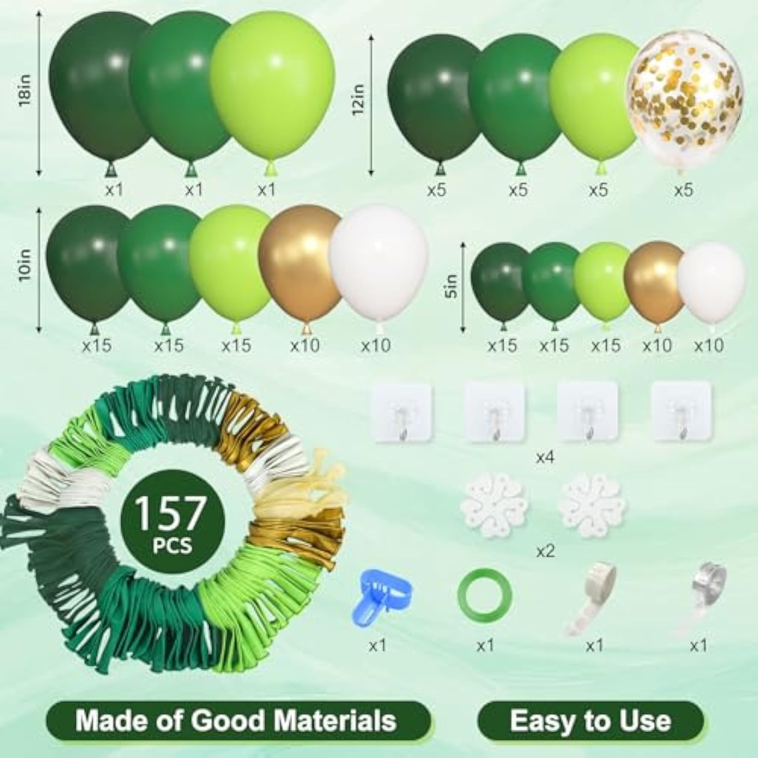 157 Pcs Green Balloon Garland Kit – Dark Green, White, Gold for Safari Party