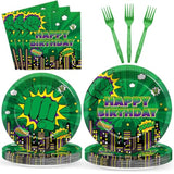 96Pcs Green Hero Paper Plates And Napkins Super Theme Birthday Party Supplies Green Hero Disposable Dinnerware Tableware Set For Kid Cartoon City Cityscape Baby Shower Table Party Decoration Serve 24