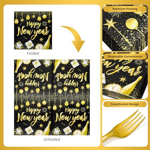 96 Pieces Happy New Year Tableware Set – Black and Gold Disposable Plates, Napkins, and Forks with Fireworks and Champagne Designs for New Year’s Eve Parties – Serves 24 Guests