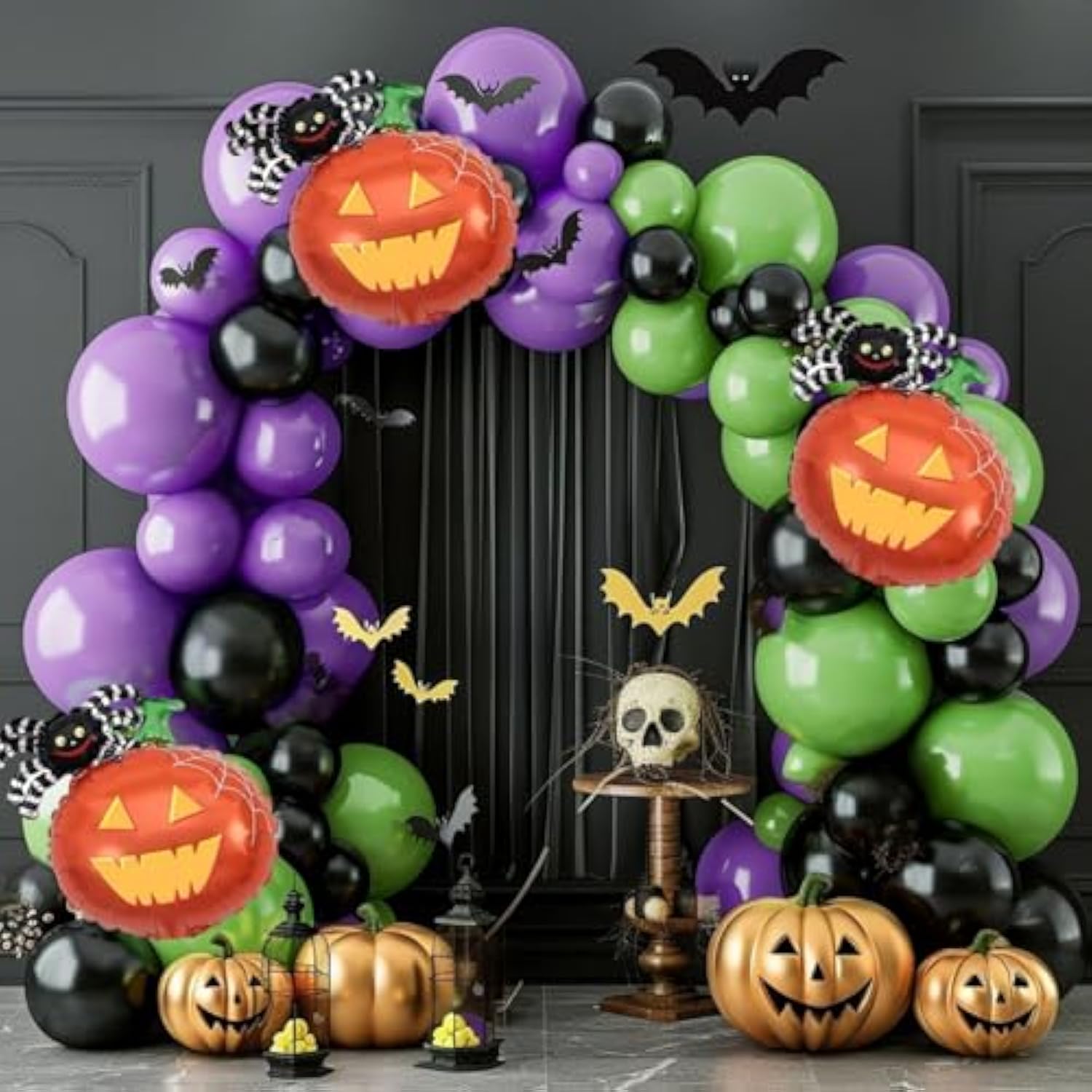 160Pcs Halloween Balloon Arch Kit - Green, Purple & Black with Spider and Pumpkin Foil Balloons