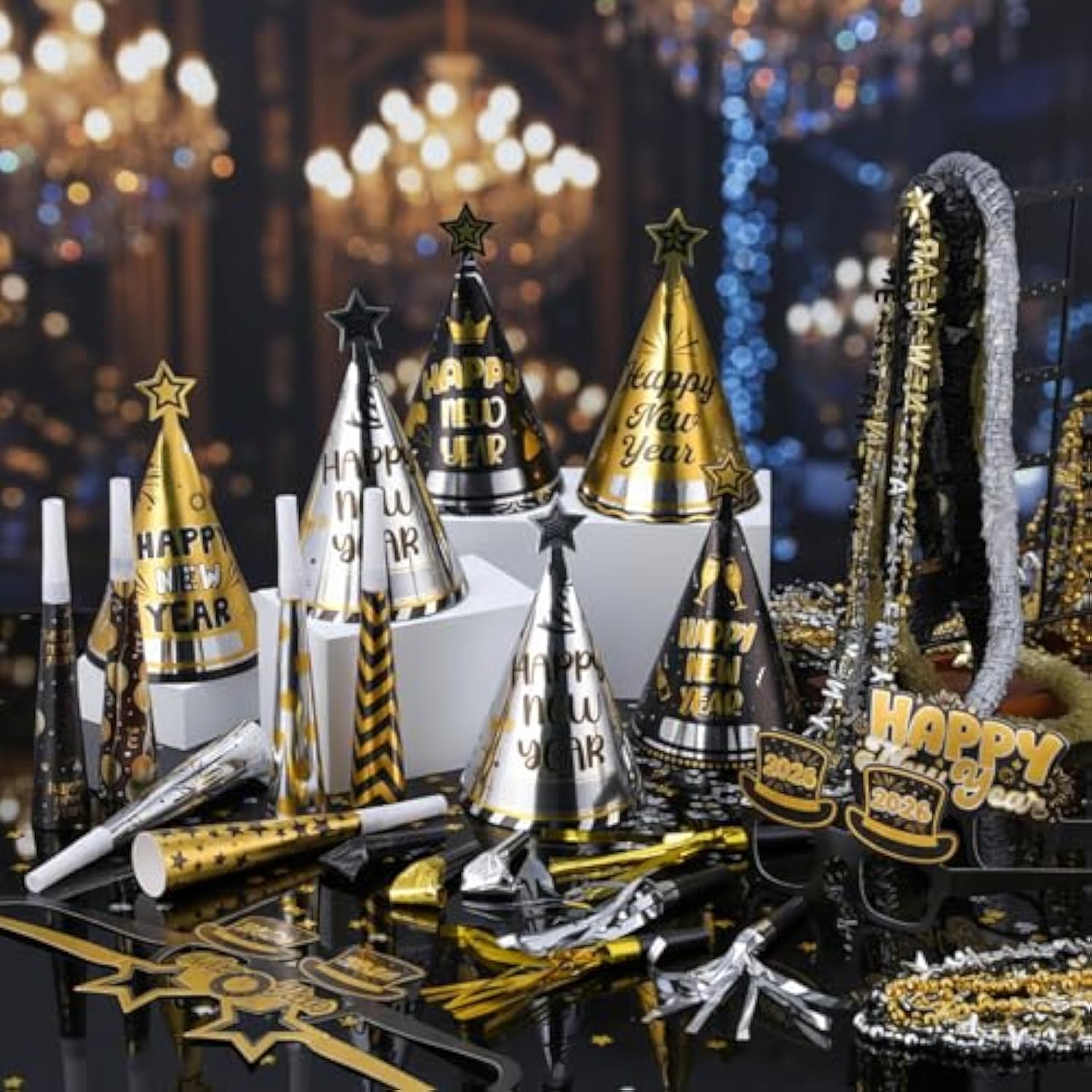 212pc New Year’s Eve 2026 Party Supplies Kit for 60 Guests Hats Glasses Favors