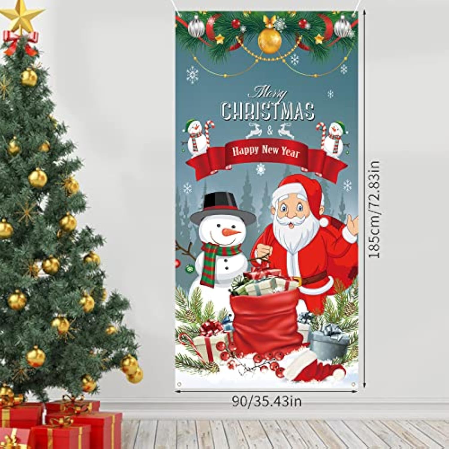 Merry Christmas Door Cover Banner Gray Santa Snowman for Party and Photo Booth