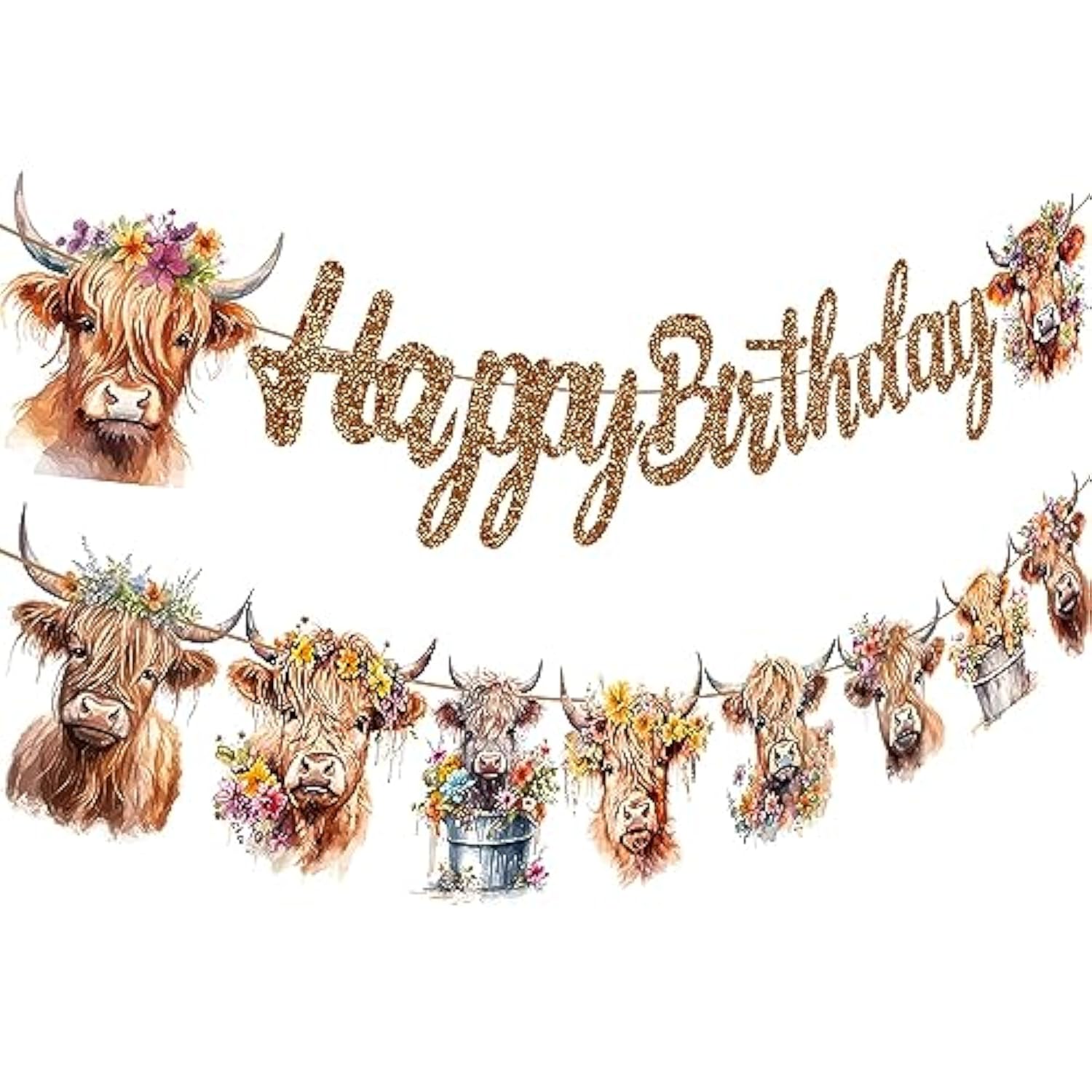 Brown Glitter Highland Cow Birthday Banner - Cattle Themed Party Decorations For Baby Shower Supplies