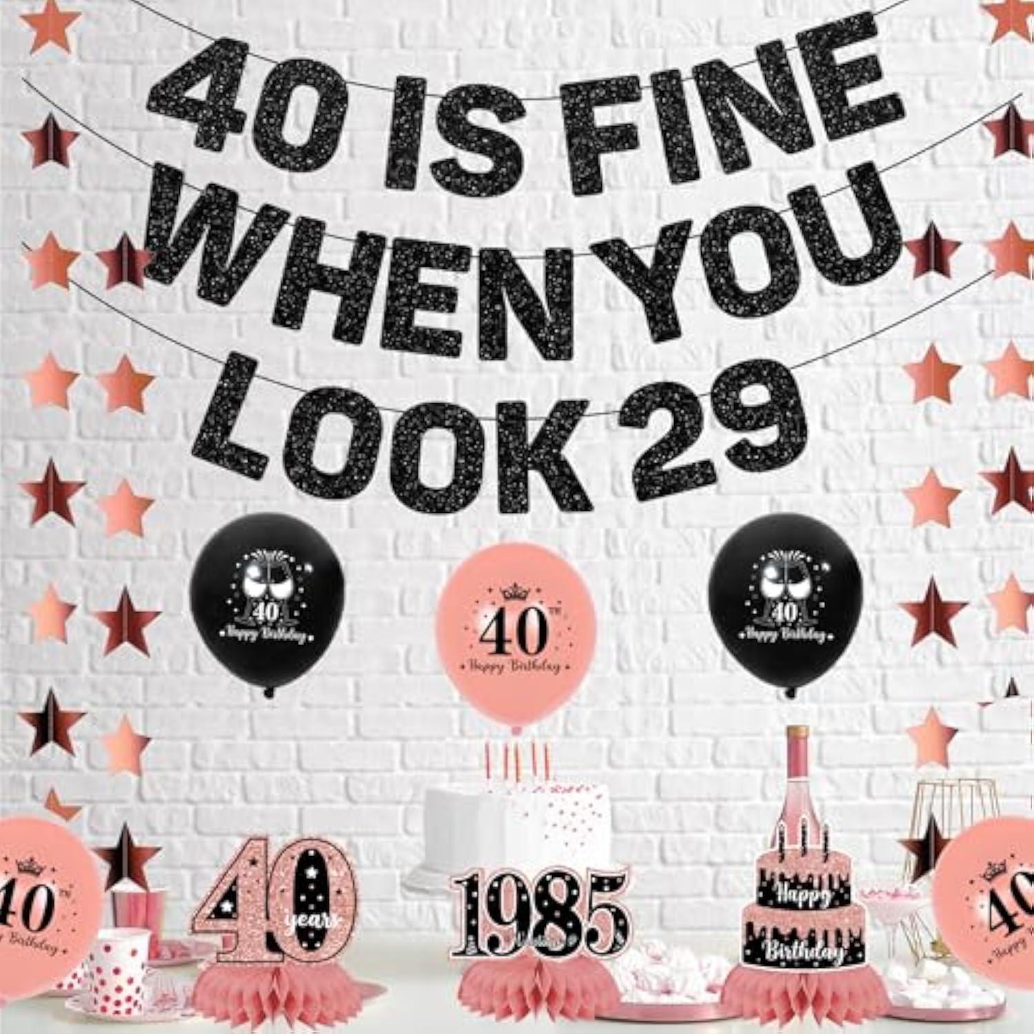 40Th Birthday Decorations Women, Rose Gold 40 Is Fine When You Look 29 Banner Balloons Honeycomb Centerpieces Kit, Pink 40Th Birthday Party Supplies For Her, 1985 Photo Backdrop Background