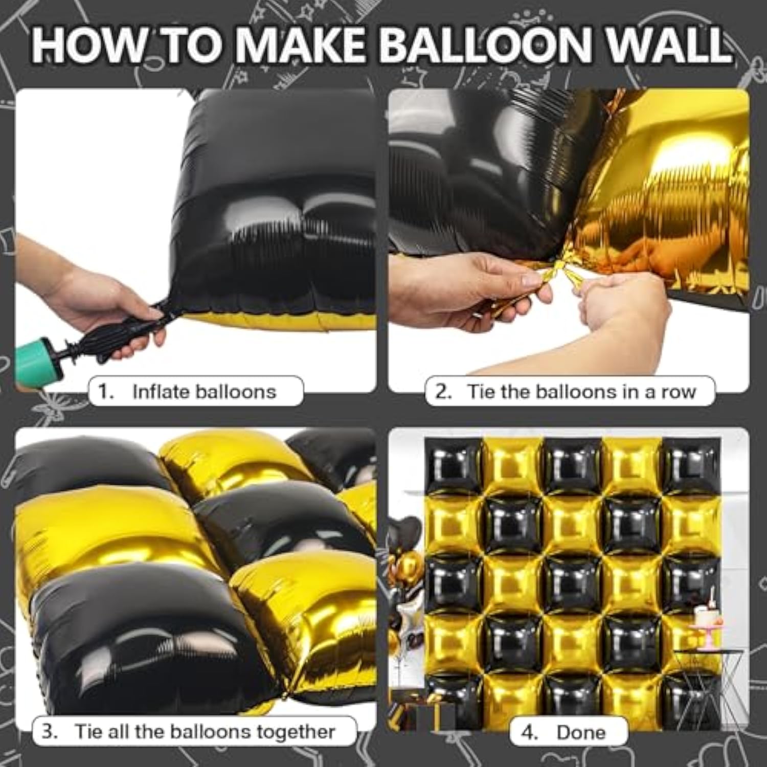 25pcs Black Gold Square Foil Balloons Backdrop for 2026 New Year & Party Decor