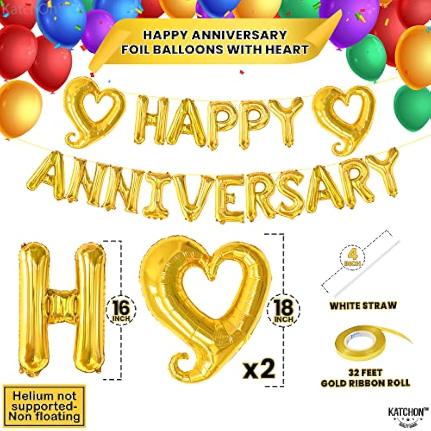 Gold Anniversary Balloons - 18 Inch Heart Foil | Happy Anniversary Banner