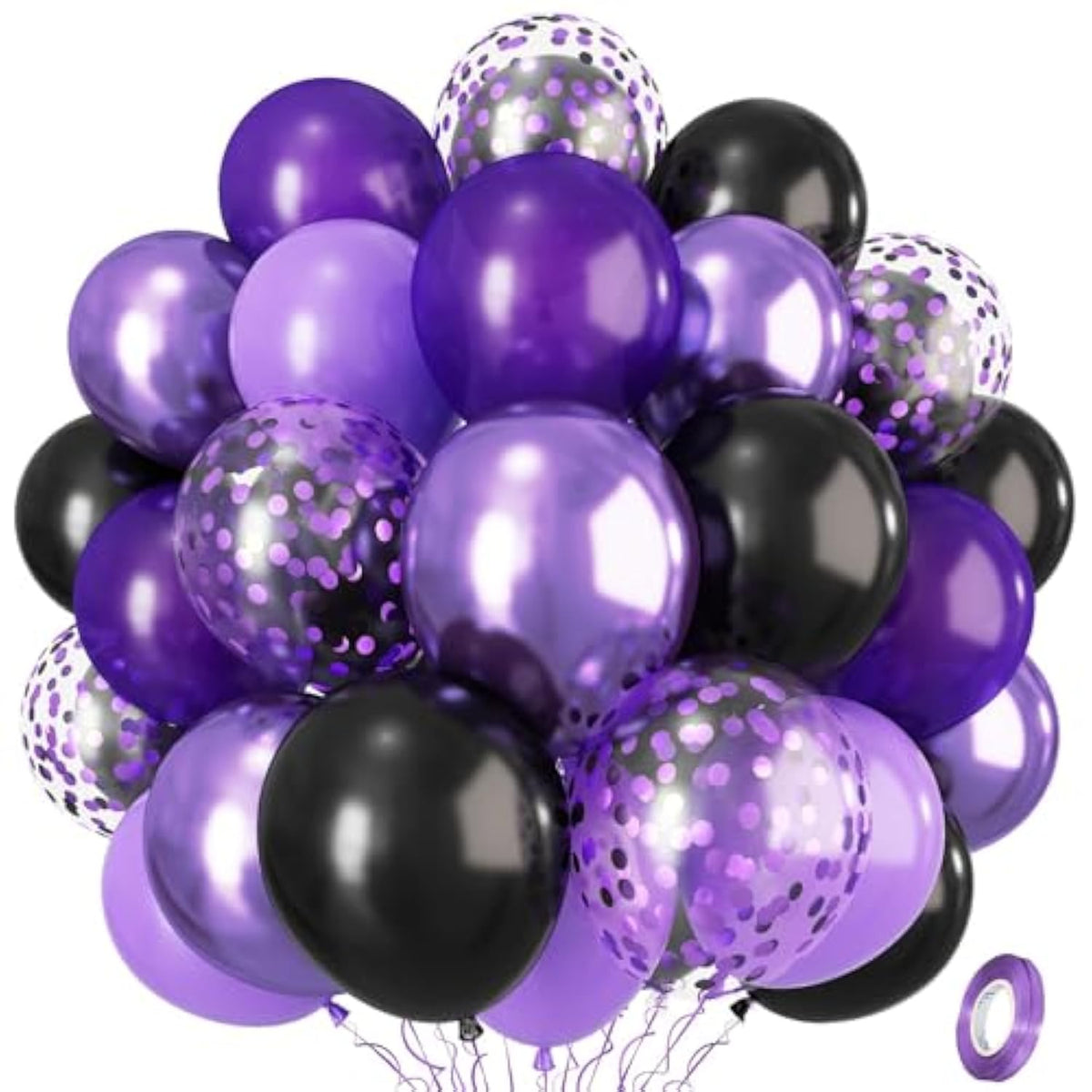 Purple Black Balloons, 12 Inch Dark Purple Light Balloons With Metallic Purple Confetti Latex Balloon Set For Girls Women Halloween Birthday Bridal Shower Wedding Party Decorations Is-02
