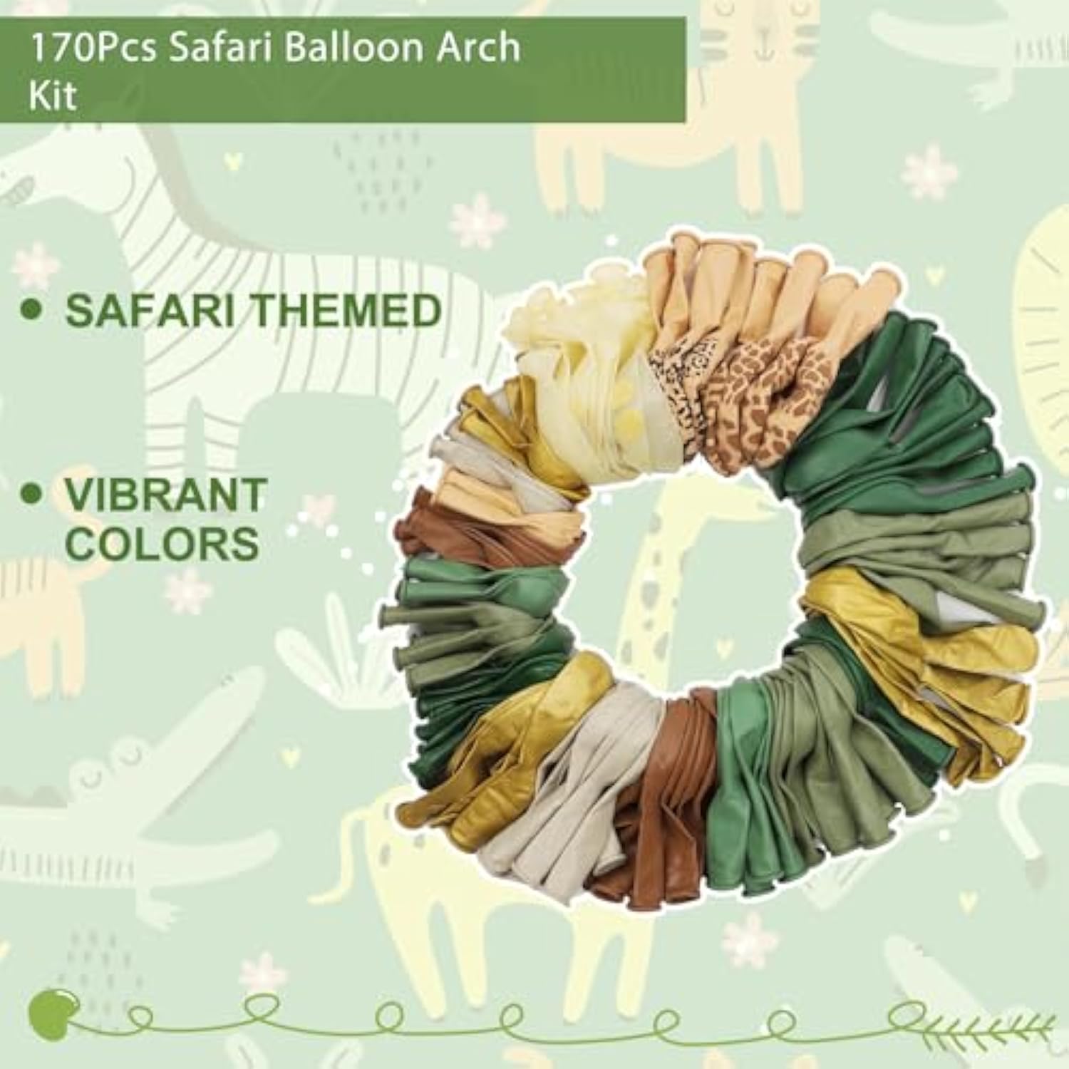 170Pcs Jungle Safari Balloons Arch Garland Kit, Sage Green Brown Animal Print Balloons Palm Leaves Wild One Safari Baby Shower Decorations For Boys Tropical Woodland Birthday Party Supplies