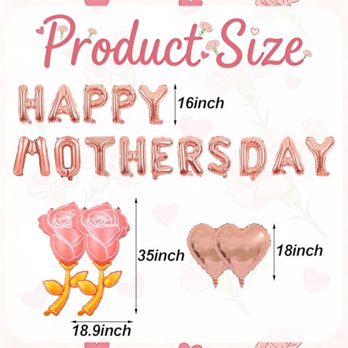 Mother's Day Balloons Rose Gold Happy Mothers Day Balloons Banner Heart Balloon Pink Rose Balloon for Mother's Birthday Theme Party Decorations & Gifts for Mom - 19 Pcs