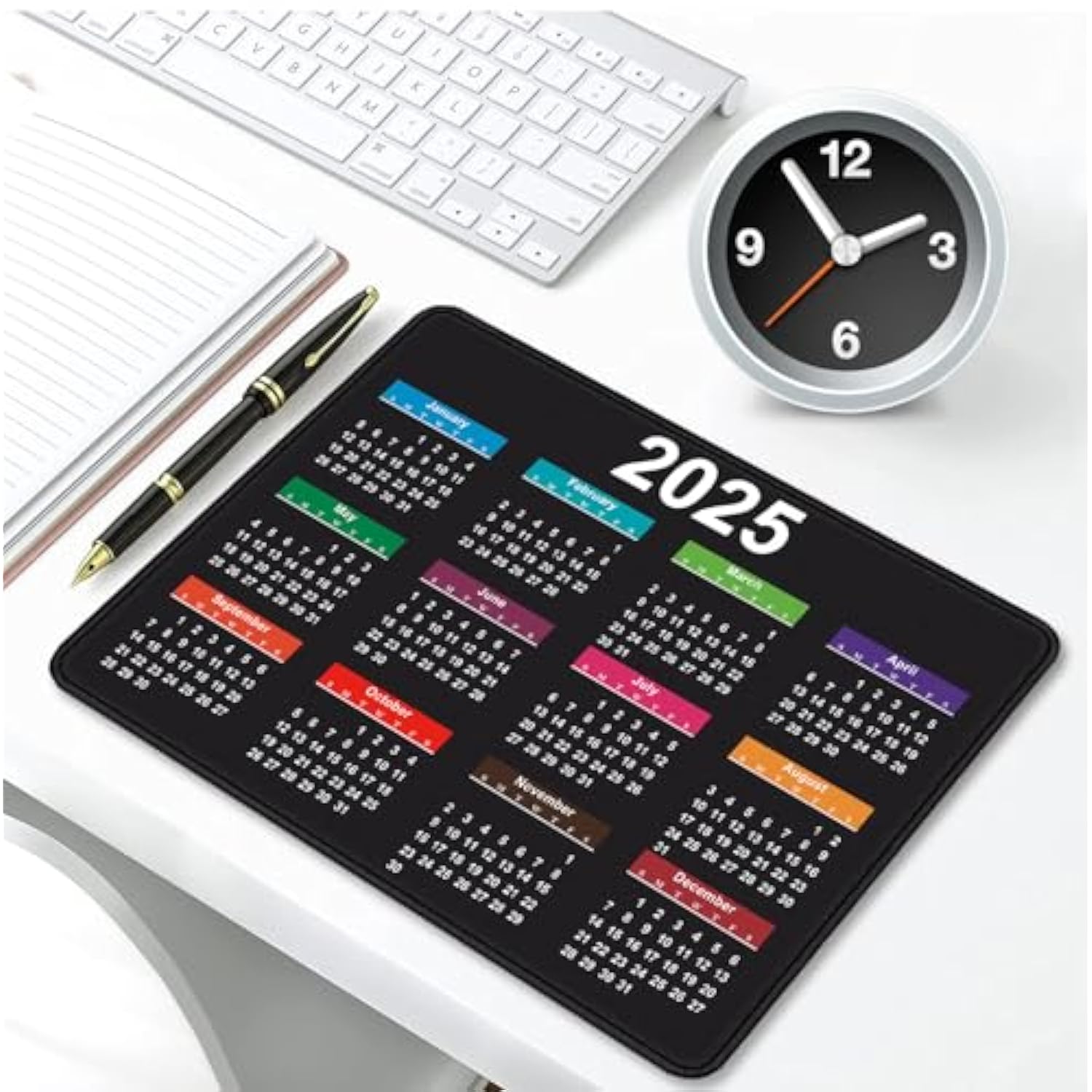 2025 Calendar Rectangular Stitched Edge Office Computer Mouse Pad, Anti Slip Rubber Desktop Gaming Mouse Pad (Black Calendar)