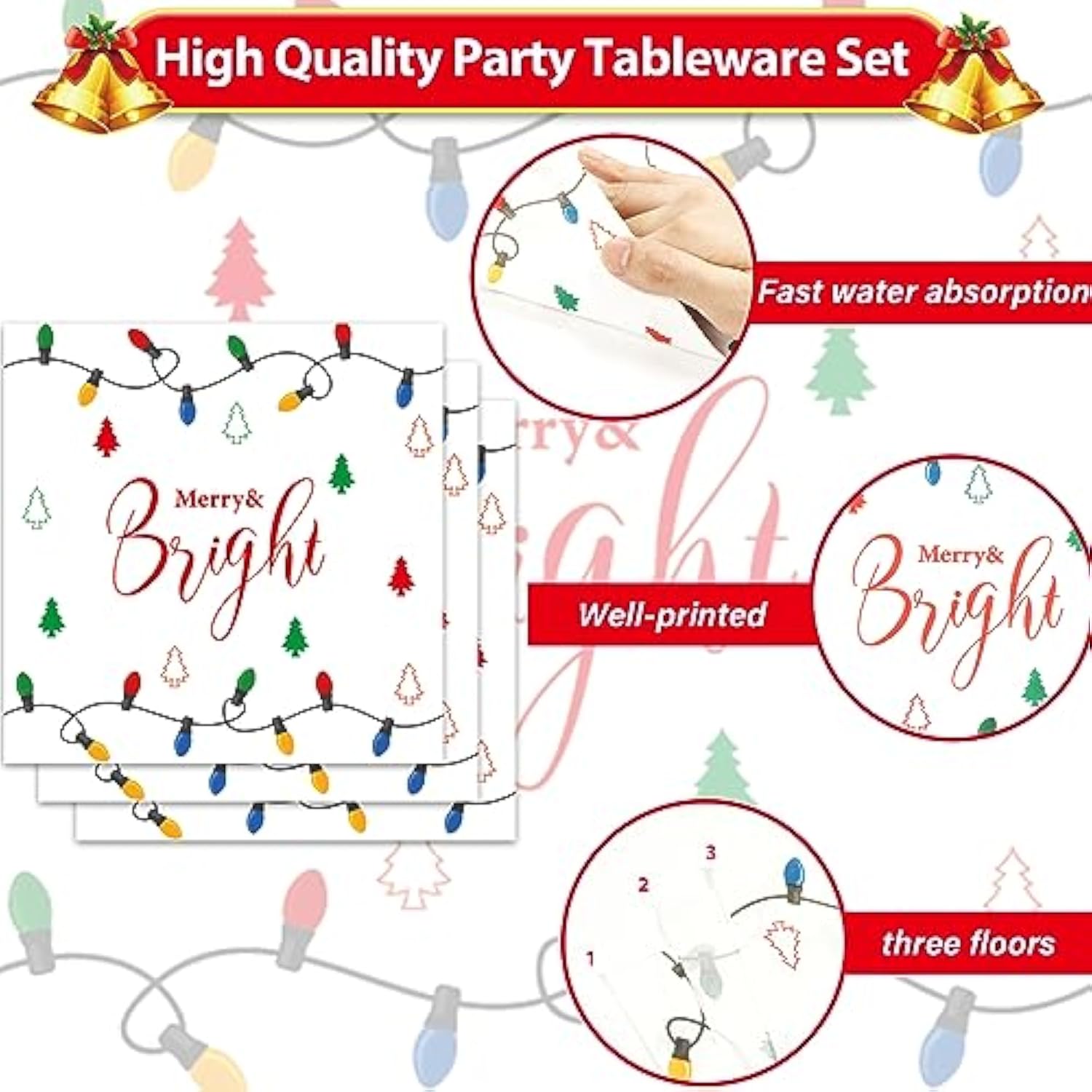 50Pcs Christmas Guest Paper Napkins 3 Ply Disposable Paper Merry Christmas Colorful Bright Light String Hand Dinner Napkins Xmas Beverage Disposable Napkins For Winter Holiday Party
