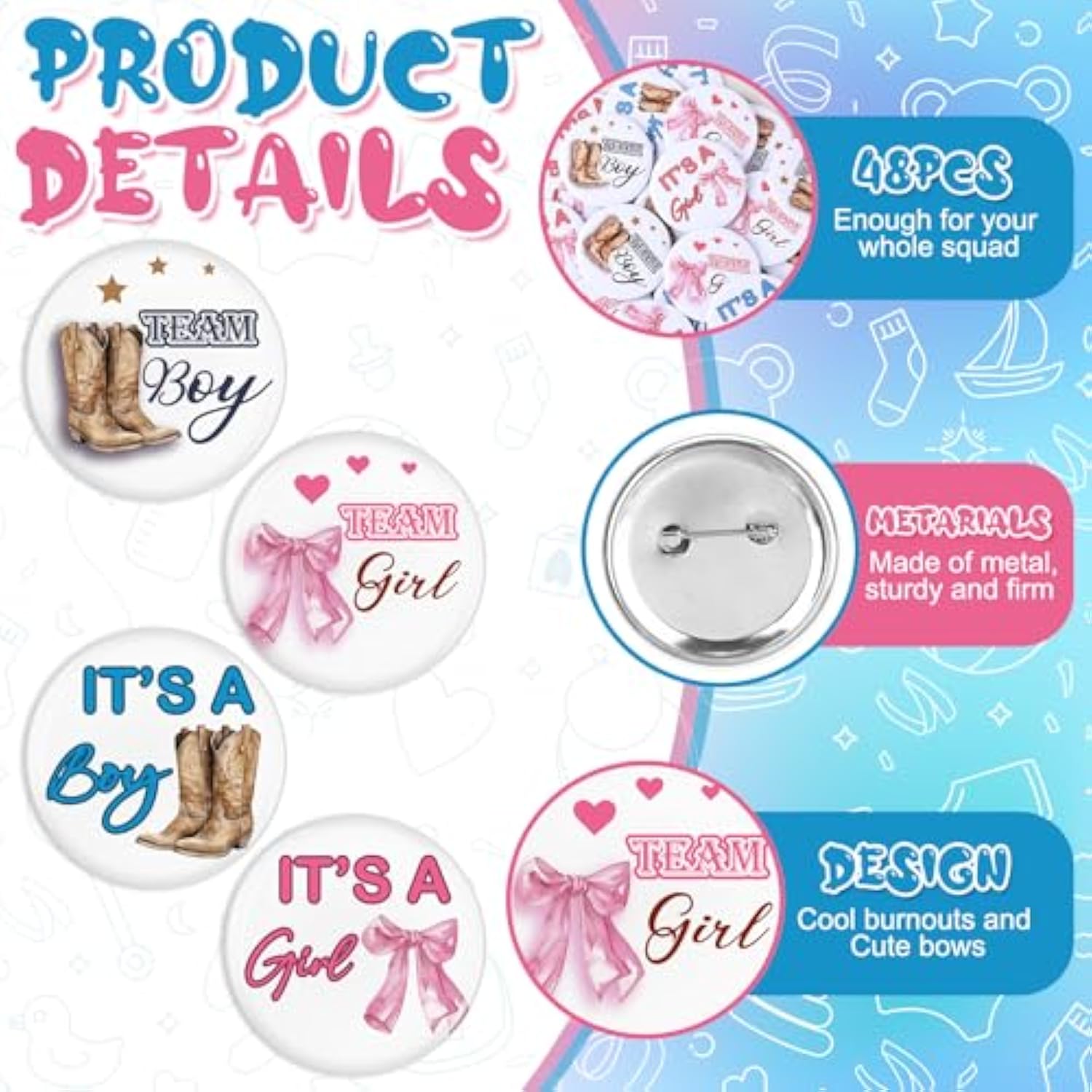 48 Pcs Boots Or Bows Gender Reveal Pins Team Boy Or Girl Pins Western Cowboy Or Cowgirl Gender Reveal Games Decorations Blue And Pink Button Baby Shower Favors For Guests Party Supplies
