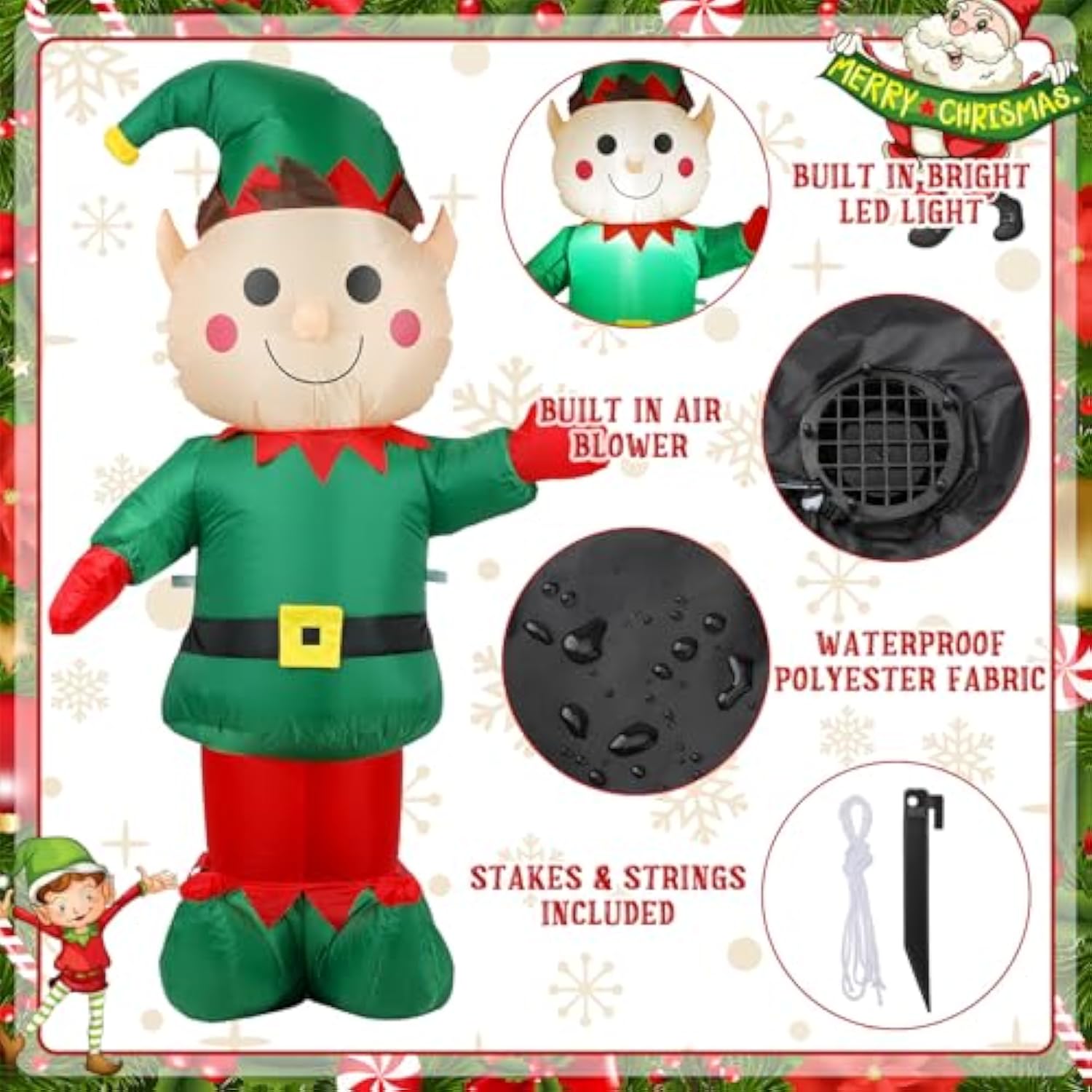 3 Pack 5 Ft Christmas Inflatable Santa Claus Gingerbread Man Elf Decor Lighted Blow Up Christmas Yard Decoration With Bu
