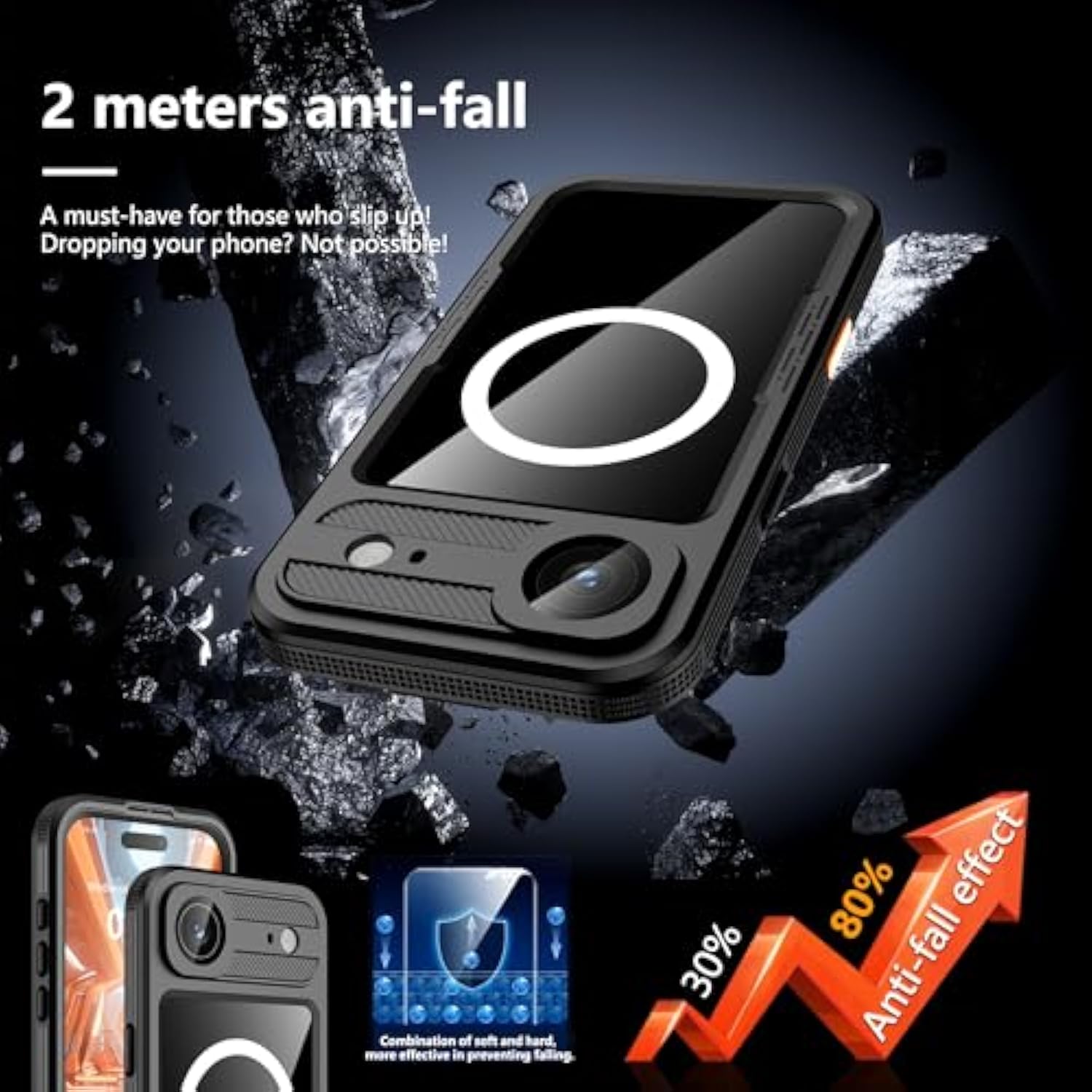 Magnetic For Iphone 17 Air Case-Waterproof, Built-In Screen & Camera Protector-Ip68 Underwater Full Body 16Ft Military Dropproof Shockproof Case For 17 Air 6.6''- Black