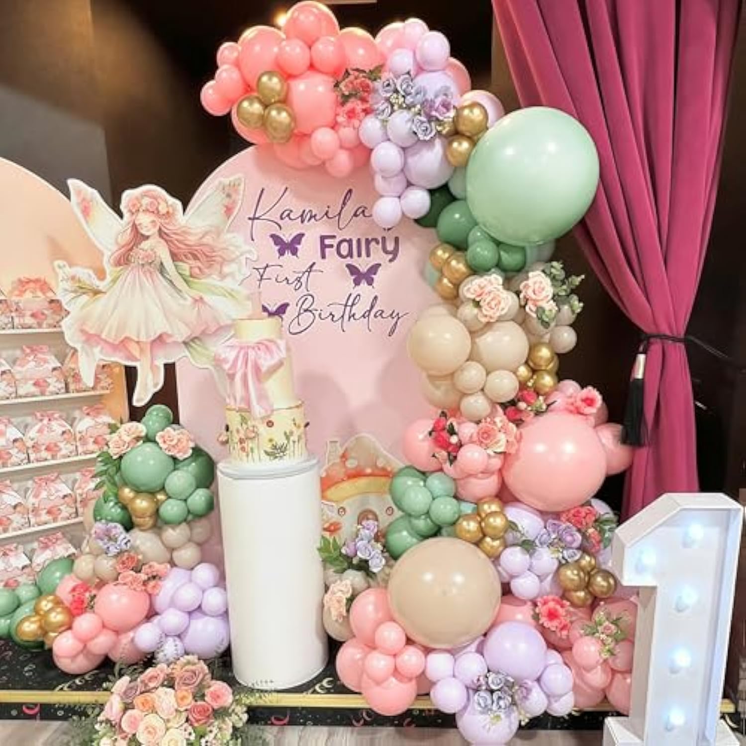 Sage Green Purple Pink Balloon Garland Arch Kit, 125Pcs Dusty Green Pastel Lavender Purple Blush Pink White Sand Metallic Gold Fairy Balloon For Baby Shower Birthday Wildflower Floral Party Decoration