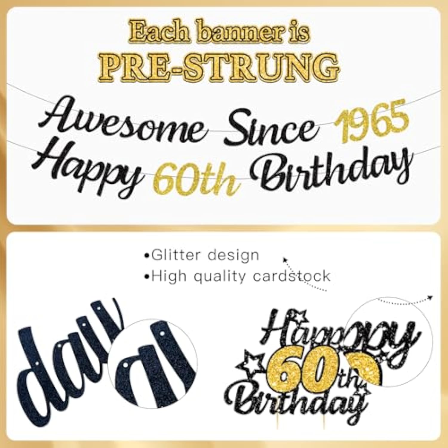 60Th Birthday Decorations For Men Women, Black Gold Awesome Since 1965 Happy 60Th Birthday Banner Swirls Cake Topper Party Supplies, Sixty Years Bday Honeycomb Centerpiece Sign Decor