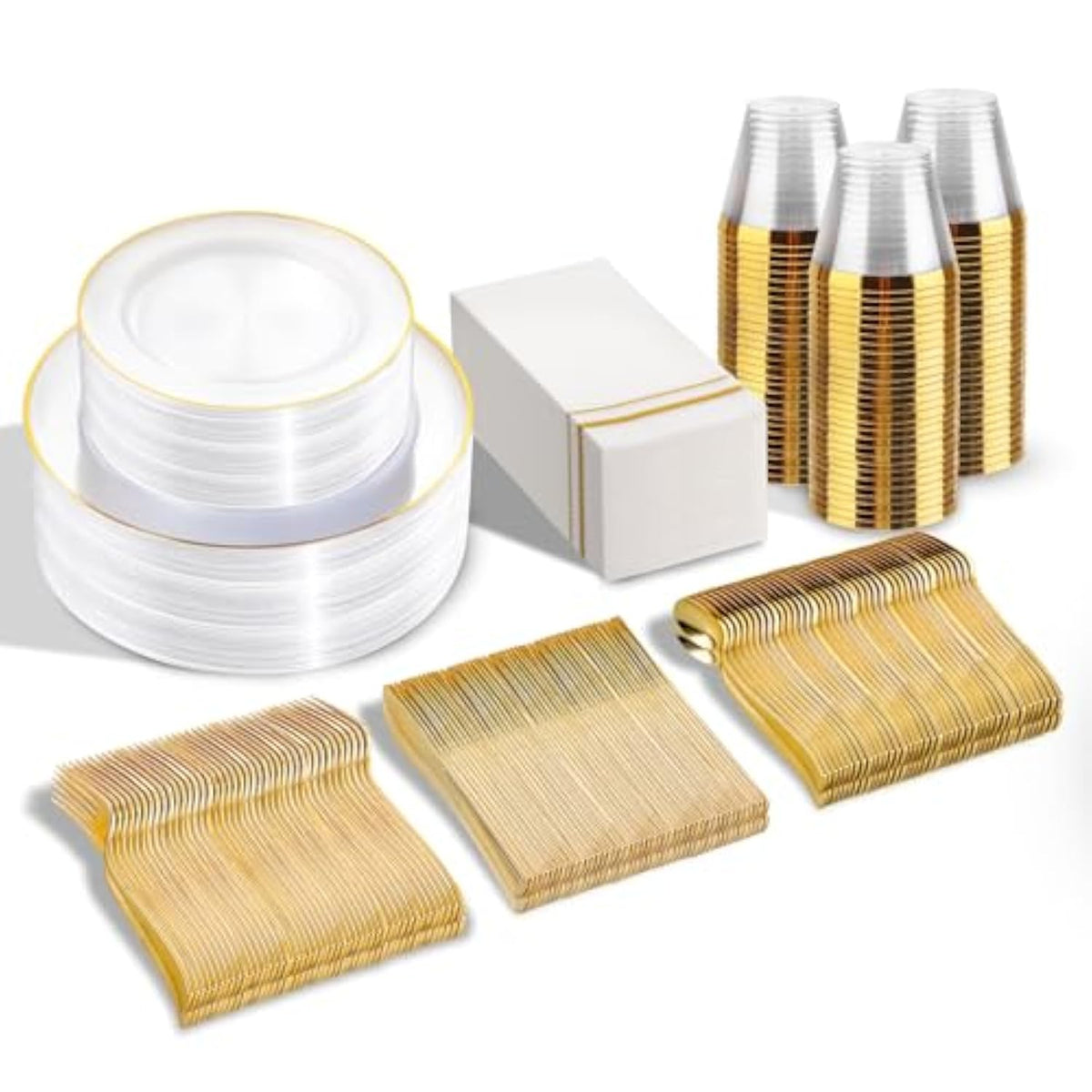 350Pcs Plastic Dinnerware Set For 50 Guests, Clear And Gold Plastic Plates, Disposable Plates And Napkins Party Supplies, Gold Silverware, Plates, Cups And Napkins Sets For Party Weddings