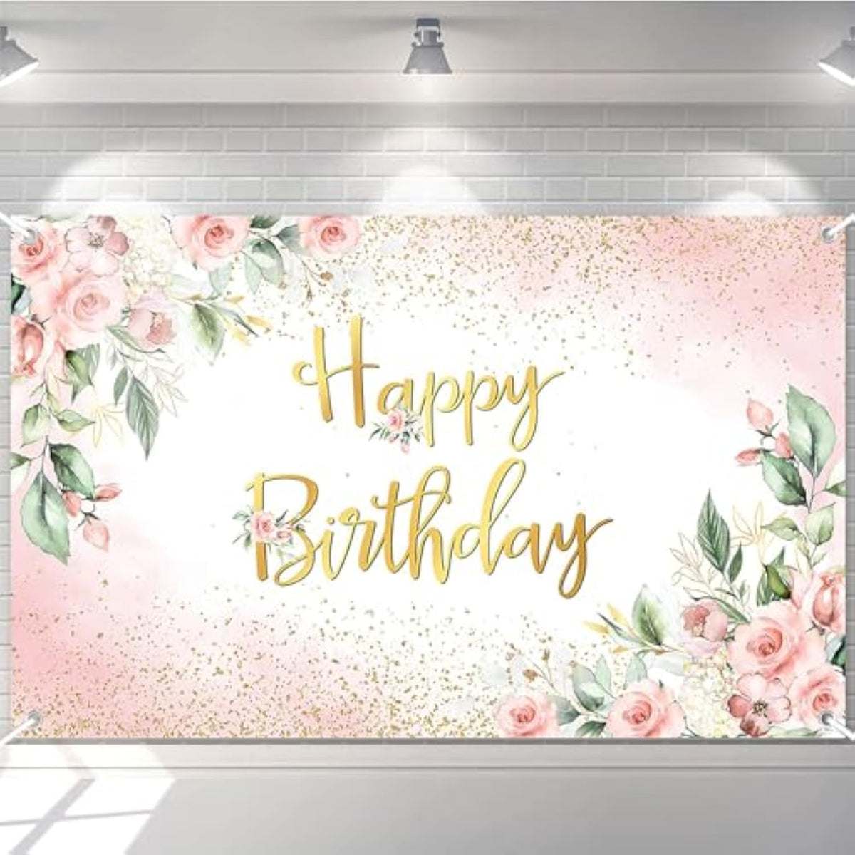 Rose Gold Birthday Backdrop For Women Pink Floral Golden Flash Happy Birthday Party Decorations Flower Glitters Birthday Banner 70.8 X 43.3 Inch