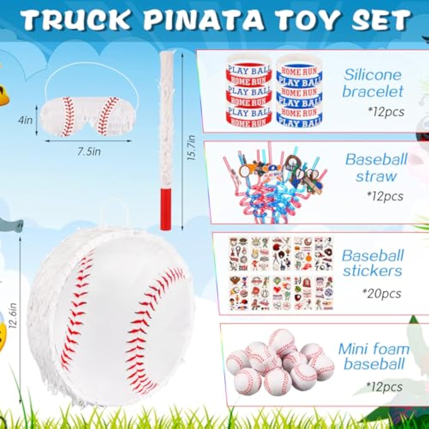 60 Pcs Baseball Party Favors Set 1 Baseball Piñata Bat 1 Blindfold 1 Bag Of Confetti 12 Silicone Bracelet 12 Straws 12 Ball 20 Sticker For Sport Birthday Party Supplies