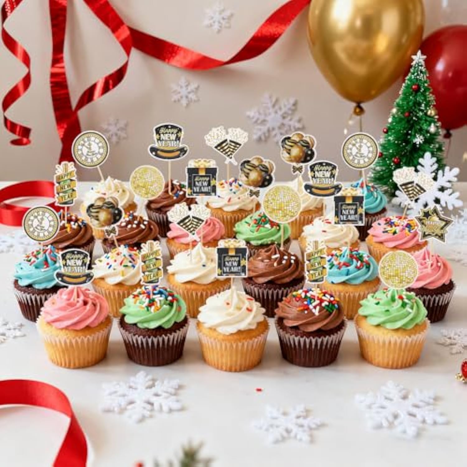 24 Pcs Black & Gold 2026 New Year Cupcake Toppers 8 Designs