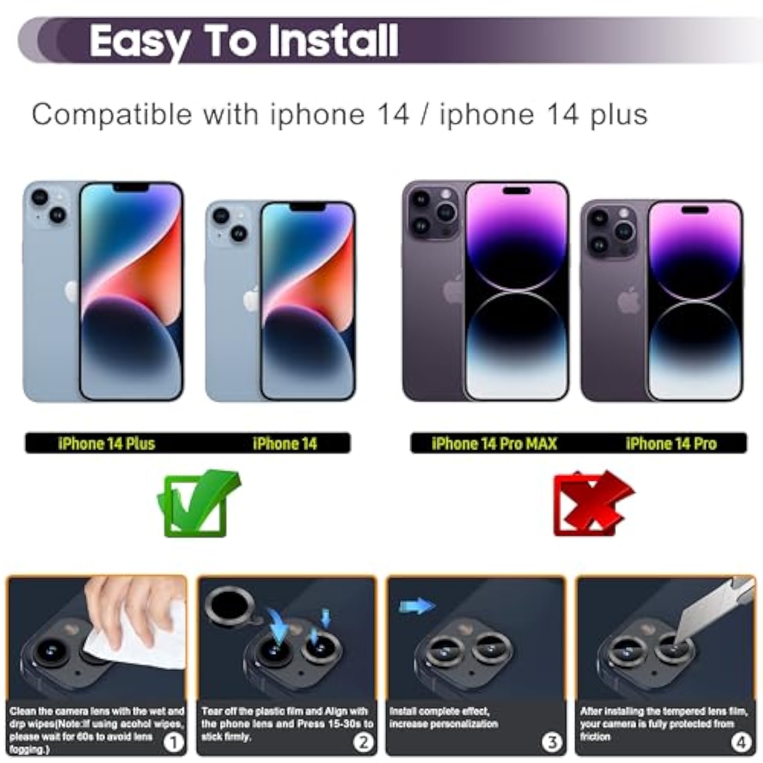 For Iphone 14 6.1 Inch/Iphone 14 Plus 6.7 Inch Camera Lens Protector, 9H Tempered Glass Film, [Does Not Affect Night Shots] Metal Lens Protective Cover - Black