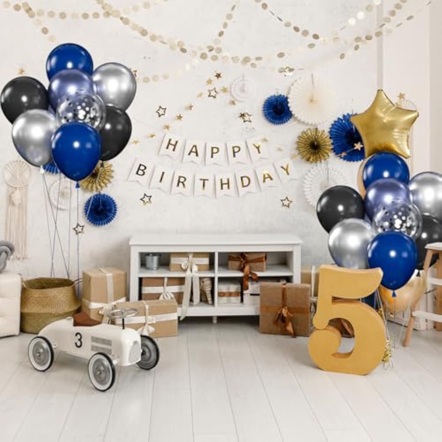 60Pcs Navy Blue & Black Balloons - Metallic & Confetti for Graduation Party