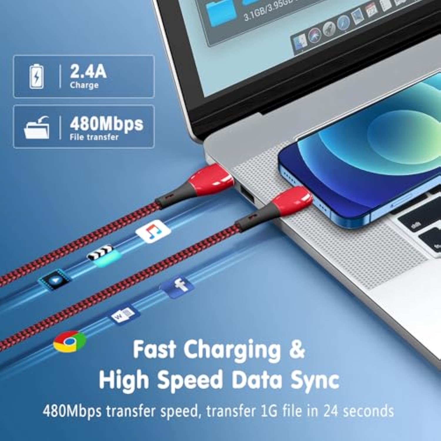 iPhone Charger 2-Pack 6Ft MFi Nylon Lightning Cable Fast Charging Red White