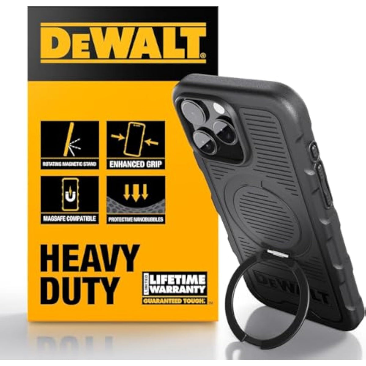 DEWALT 360° Rotatable Magnetic Ring for iPhone 16 Pro Max Case, Heavy Duty Drop Protection Fit for MagSafe w/Stand & Ring Holder, Shockproof Nanobubbles for iPhone 16 Pro Max Phone Case Ostand, Black